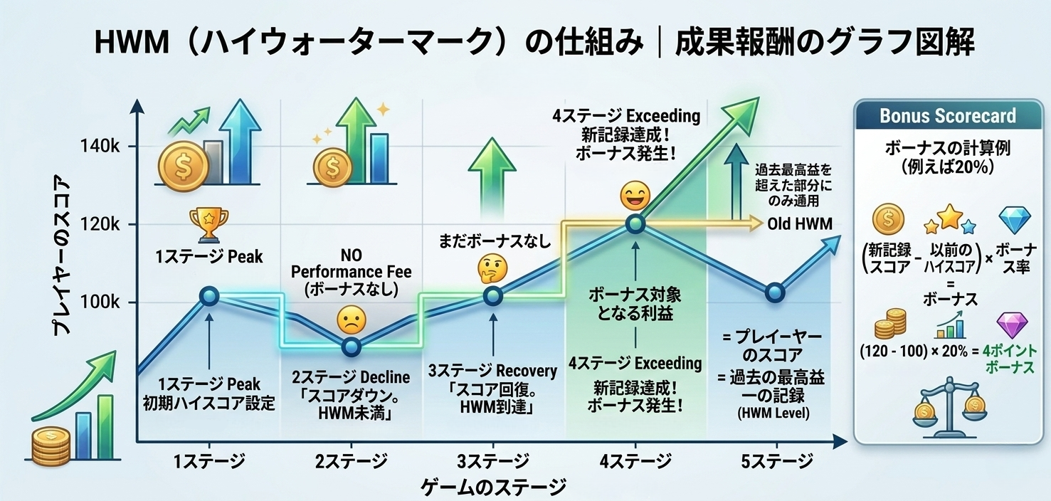 ハイウォーターマーク（HWM）方式の分かりやすいグラフ解説図