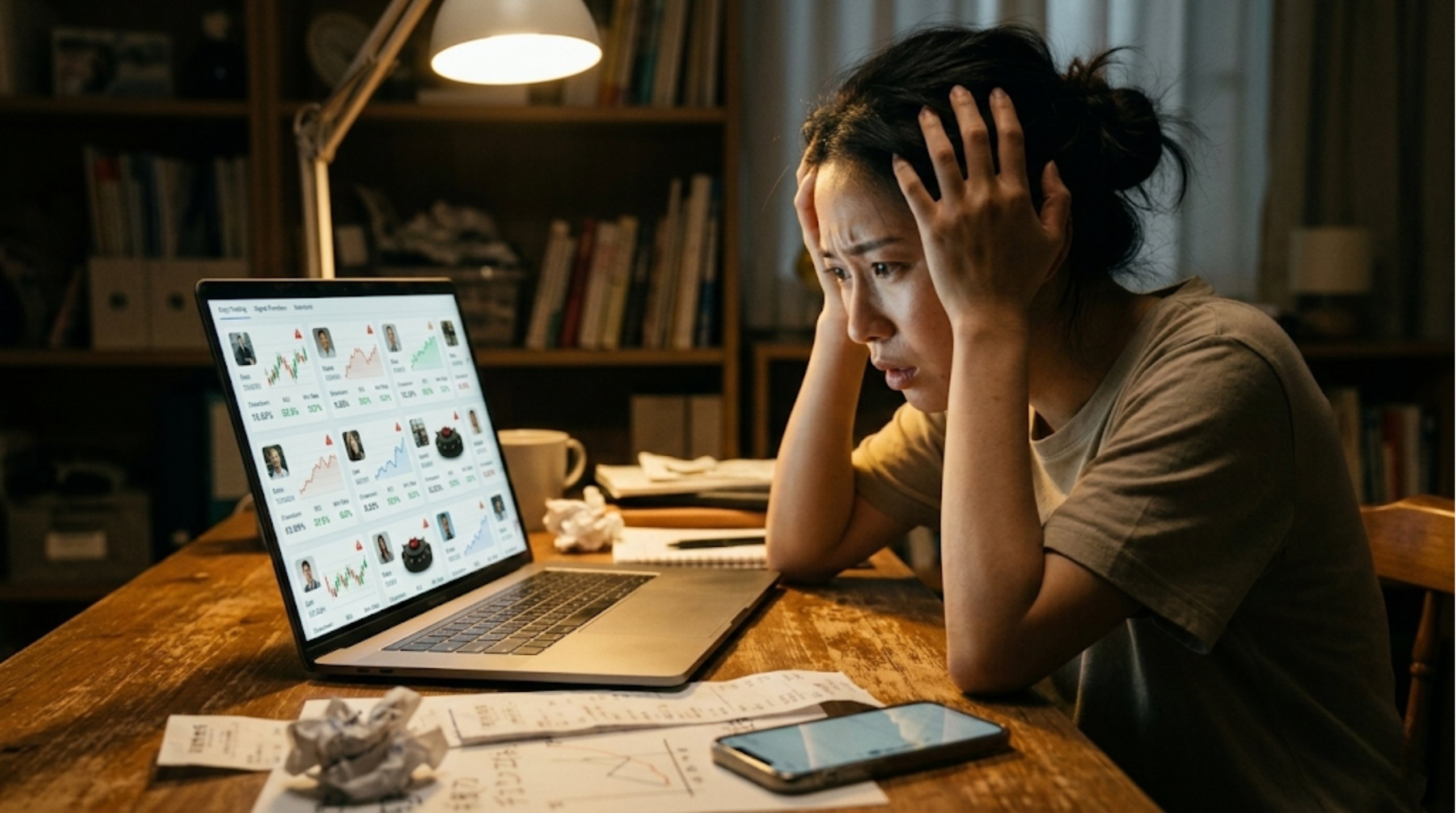 多数のトレーダーが並ぶランキング画面で悩むイメージ